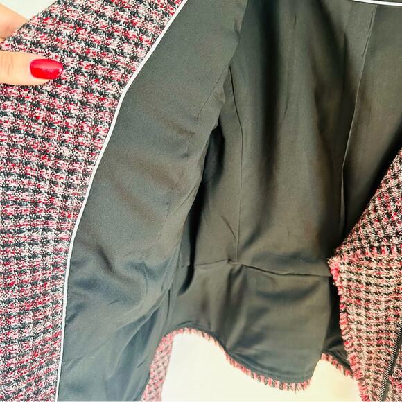 WHBM Pink Black Red Tweed Woven Peplum Ruffle Fringe Moto Zip Blazer Jacket 4 - Picture 6 of 15